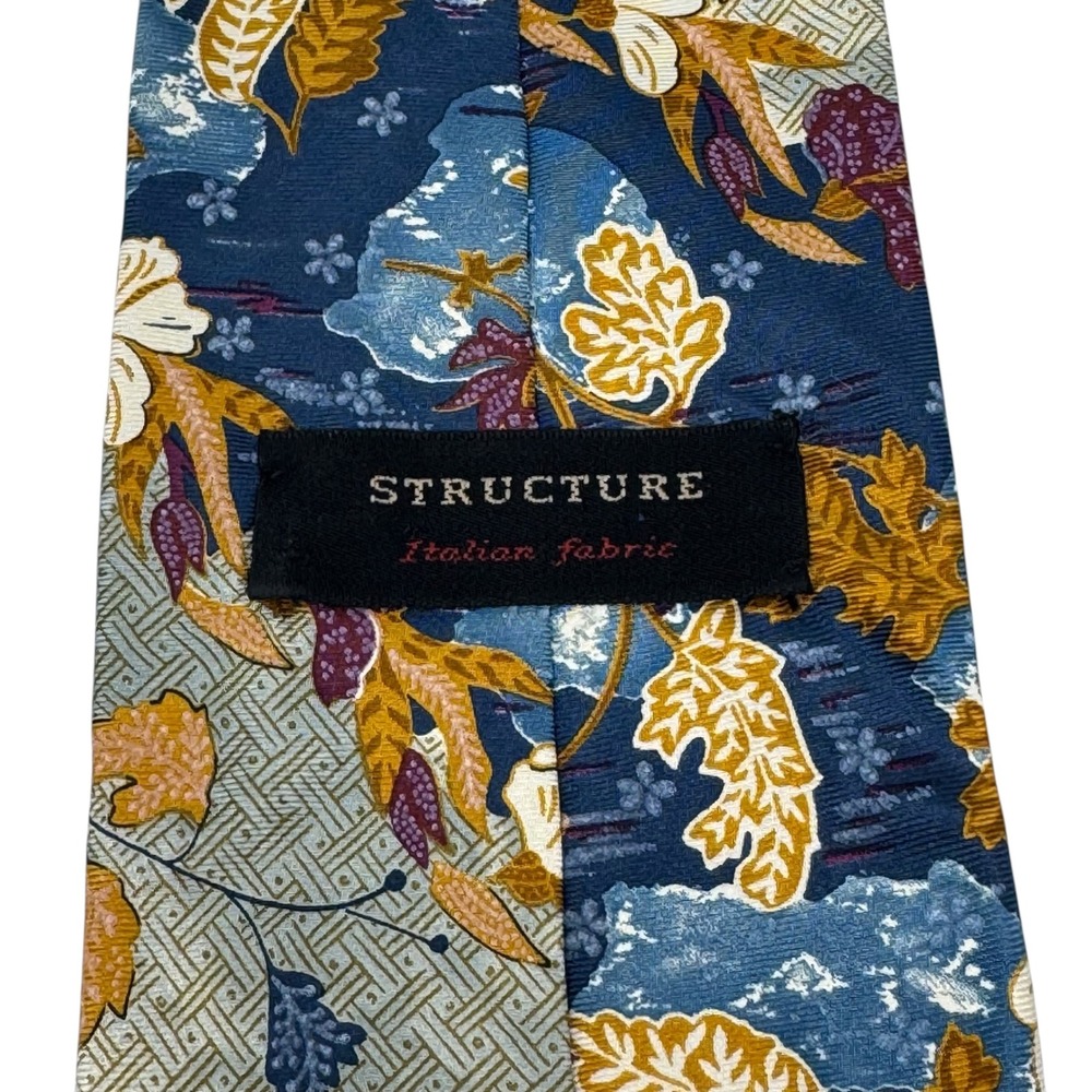 Structure Blue Gold Floral Geometric Italian Silk Made in USA 57" x 4" Necktie - Picture 4 of 8